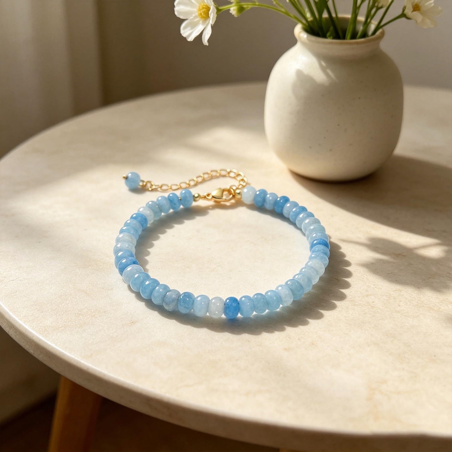 chorfla Light Blue Gemstone Beaded Bracelets for Women, Boho Handmade Adjustable Bracelet, Summer Beach Jewelry
