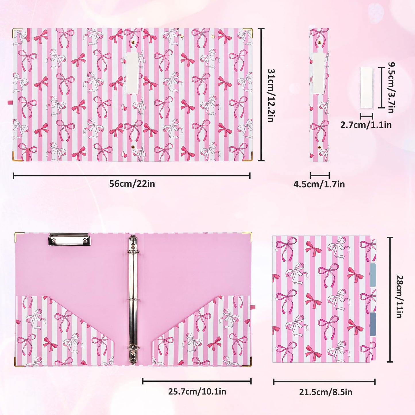 1 Inch 3 Ring Binder with Clipboard, Cute Binder Pink Bow Design, Holds 200 Sheets A4 Letter, Inside Pockets & 5 Tab Dividers, Pretty Classic Pink Binder for School Office Supplies(Pink Striped Bow)