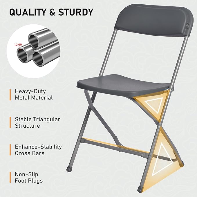 SEALAMB 6 Pack Gray Plastic Folding Chairs for Indoor Outdoor, Portable Commercial Seat with Steel Frame for Home Office Wedding Party Events, 350lb Capacity (Gray-Plastic, 6 Pack)