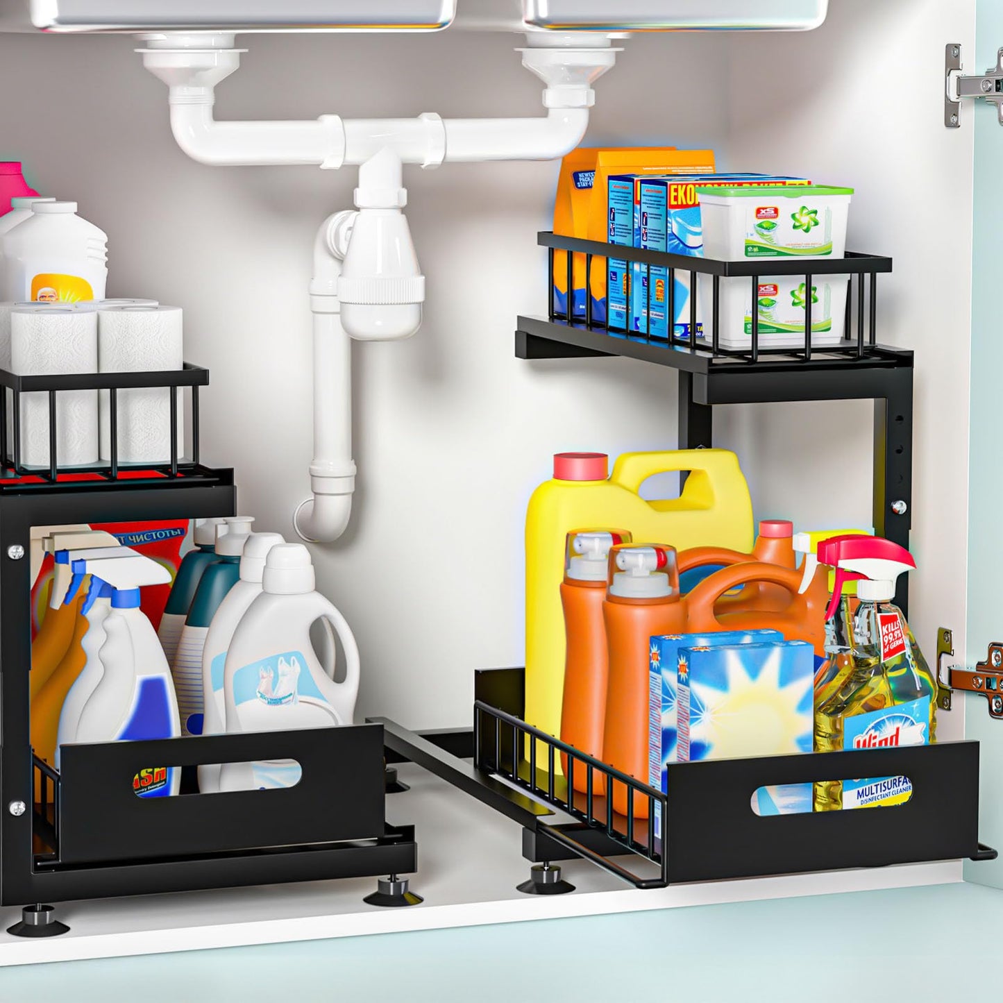 Under Sink Organizer, 2-Tier Premium Metal Pull-Out Racks with Adjustable Height, Heavy Duty Sliding Bin for Bathroom and Kitchen Cabinet Storage, Rust Resistant 2 Pack Black