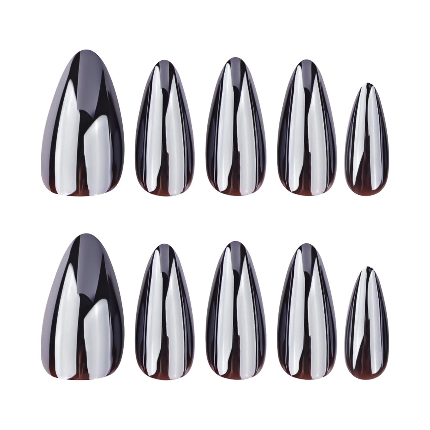 Black Press on Nails Almond - Medium Fake Nails with Chrome Design - Glossy Full Cover Stick on False Nails for Women 24 Pcs