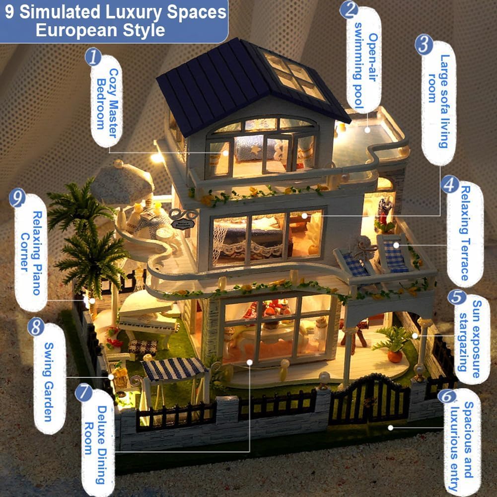 iiecrKiie Dollhouse Miniature with Furniture,DIY Kit Mini Modern Villa Model, Creative Doll House Best Christmas Birthday Gift for Lovers Boys and Girls