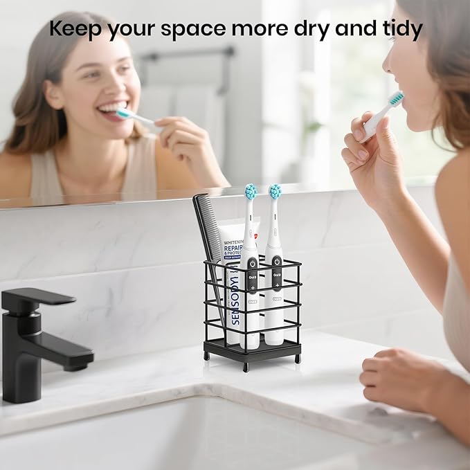 Toothbrush Holders with Quick Drying Mat—Black Toothbrush and Toothpaste Holder for Bathroom—3 Slots Openwork Design Bathroom Counter Organizer for Electric Toothbrush, Bathroom Accessories Organizer