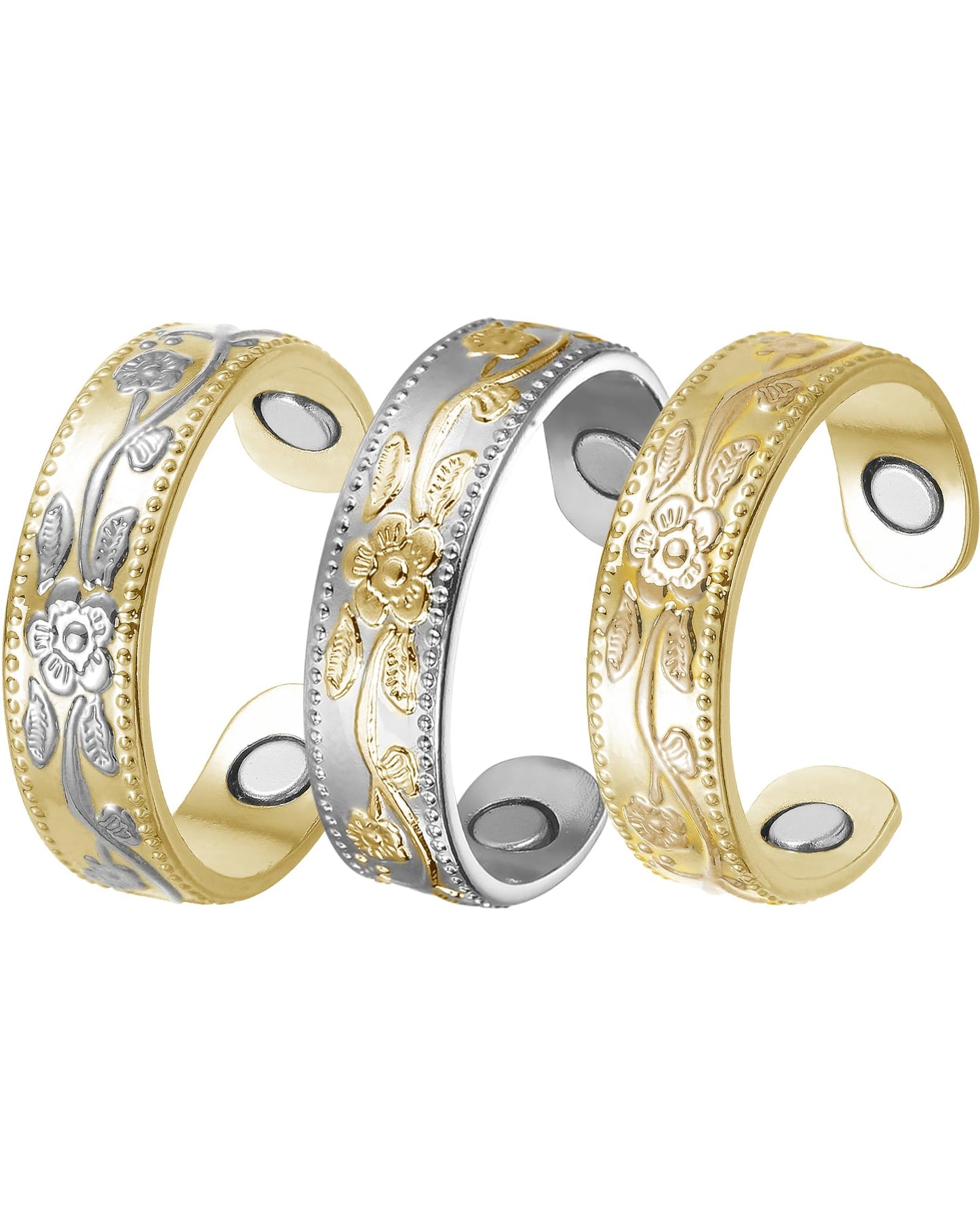 BioMag Magnetic Lymphatic Drainage Ring Set, 3 Pcs 99.99% Pure Copper Magnetic Rings for Women with 3500 Gauss Magnets, Adjustable Size, Floral Branch and Leaf Pattern