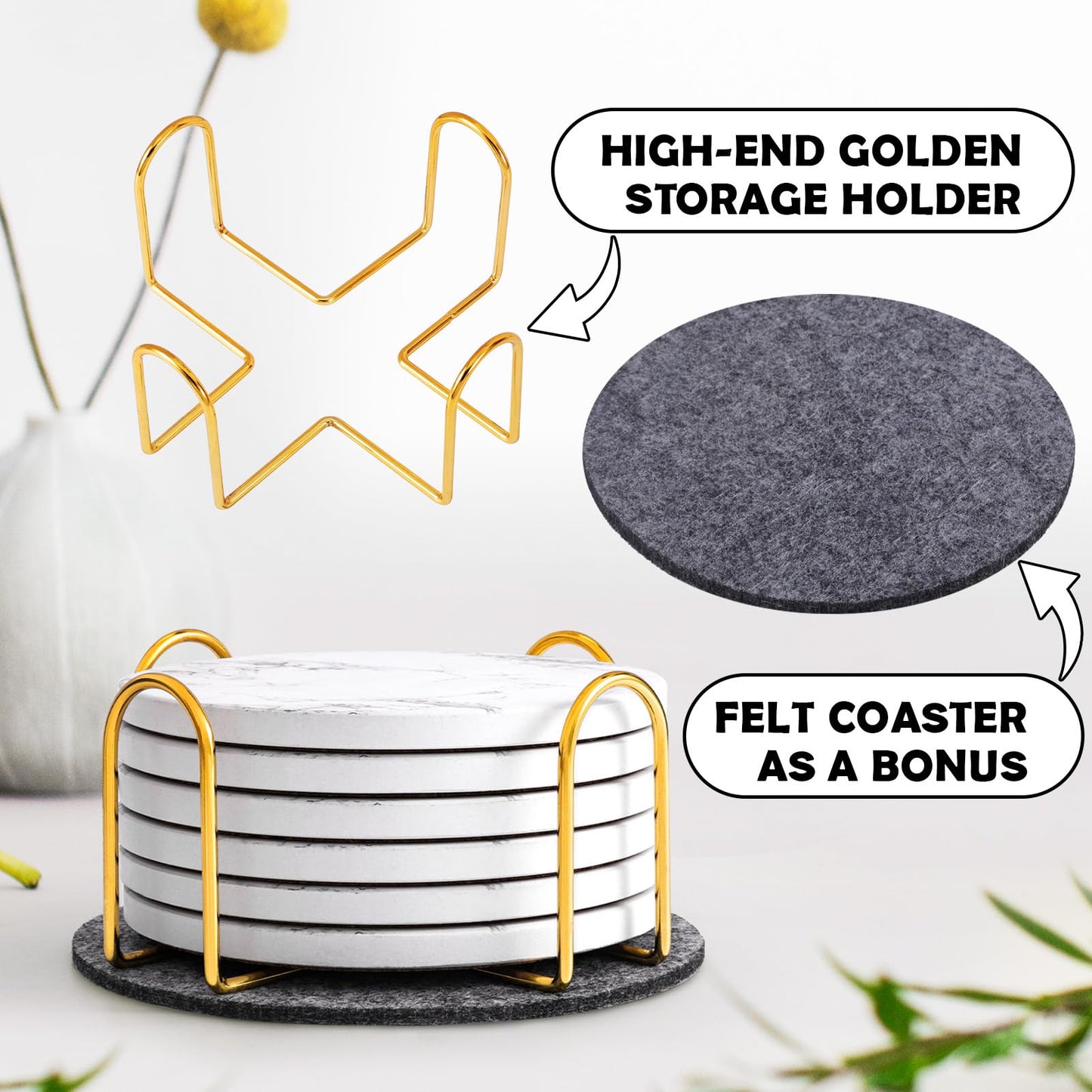 GOH DODD Coasters for Drinks Set of 6, Absorbent Marble Style Ceramic Coaster Tabletop Protection Home Decor with Metal Holder for Coffee Table, Housewarming Gifts Wedding Party, White, Round, 4 Inch