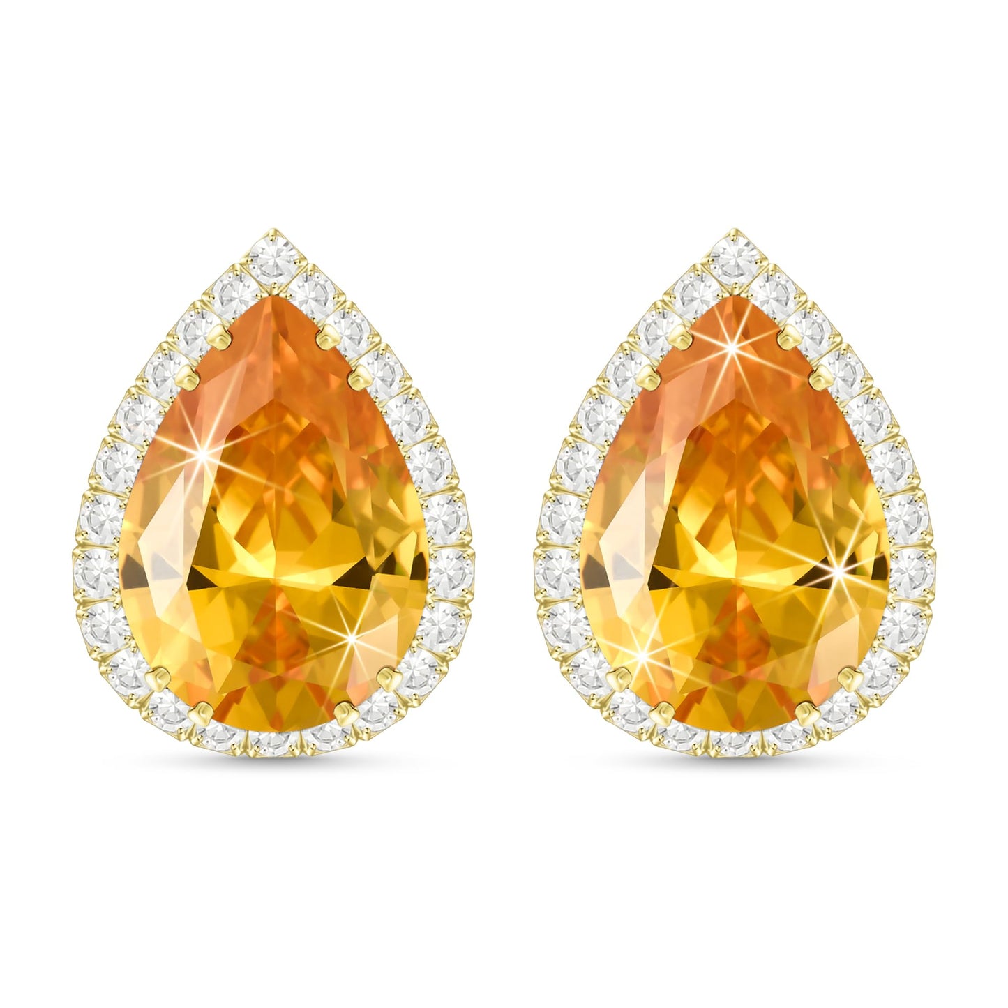 Linawe Yellow Citrine Stud Earrings, Gold Hypoallergenic Statement Imitation Diamond Wedding Earrings Studs, Orange Cubic Zirconia Teardrop Rhinestone Crystal Piercing Earrings Set