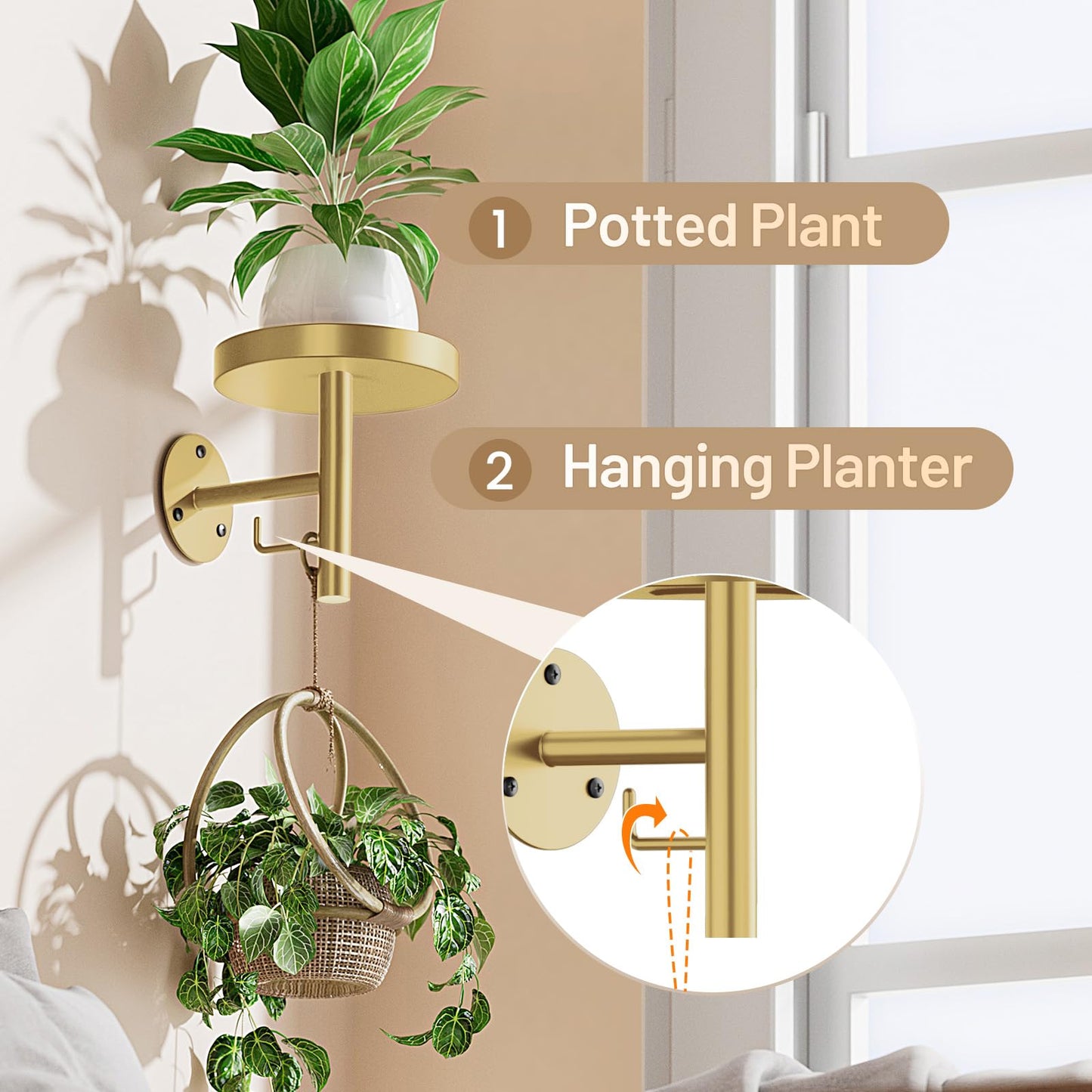 YUOROS 3 Pack Wall Plant Holder Stand Wall Planters for Indoor Plants Hanging Window Plant Hanger Decor (Gold)