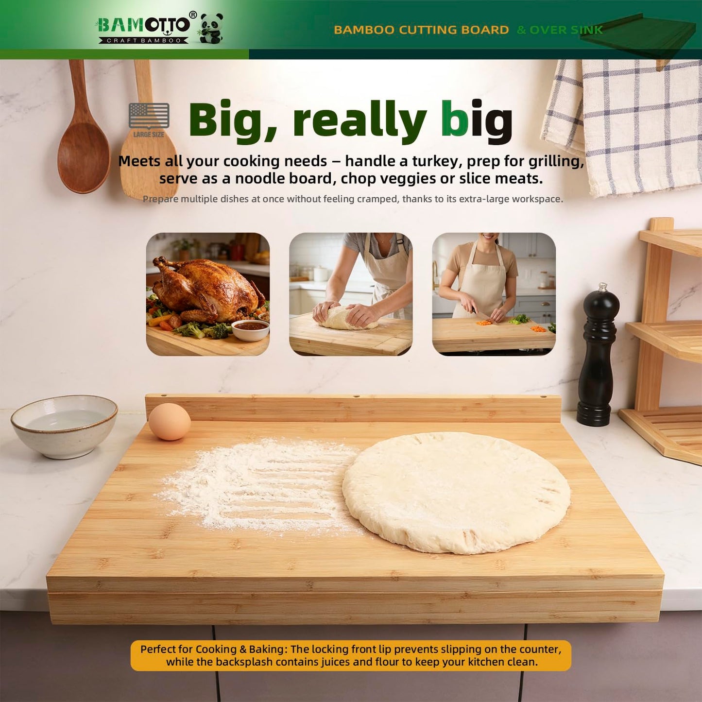 BAMOTTO CRAFTBAMBOO 24x18 Inch Extra Large Bamboo Cutting Board with Detachable Front Lip & Backsplash - Reversible Over The Sink Board, Pasta Maker, Pastry & Carving Board for Home Kitchen