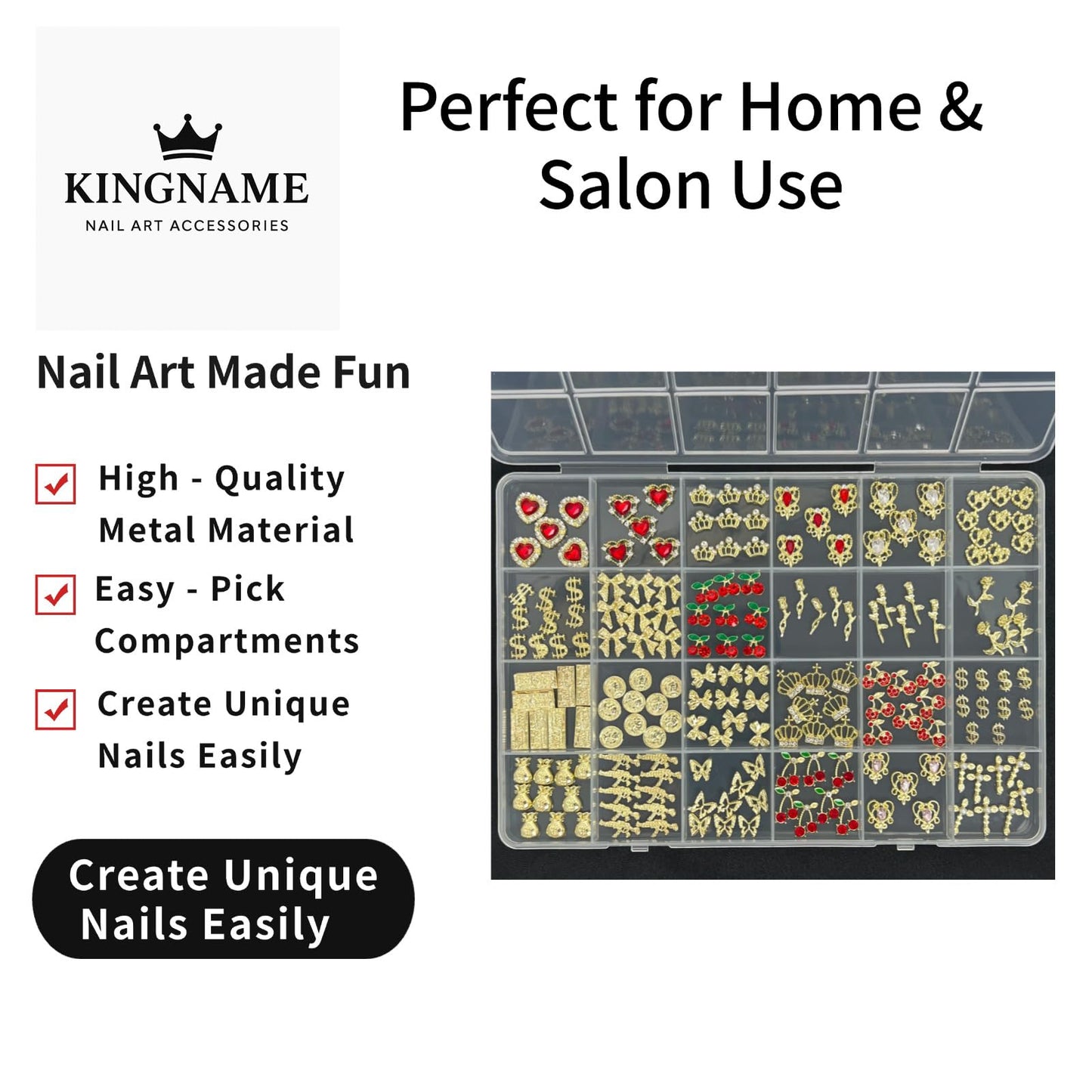 KINGNAME 200 PCS Gold Nail Charms Set with Hearts, Crowns, Cherries, Dollar Signs for Nail Art Decoration Jewelry