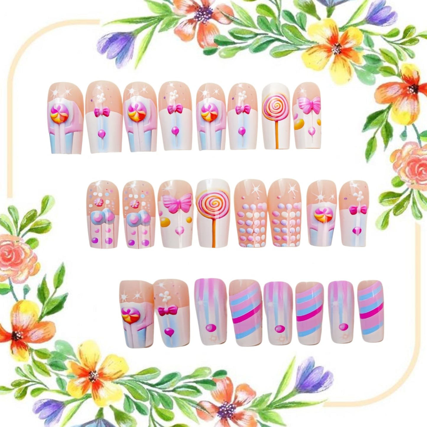 CJDLTS Press on Nails Long Length Candy Bow Pattern Design Acrylic False Nail Colorful Stripes Artificial Stick on Nail Full Cover Press Ons Nude Pink Square Glue on Nail for Women 24Pcs