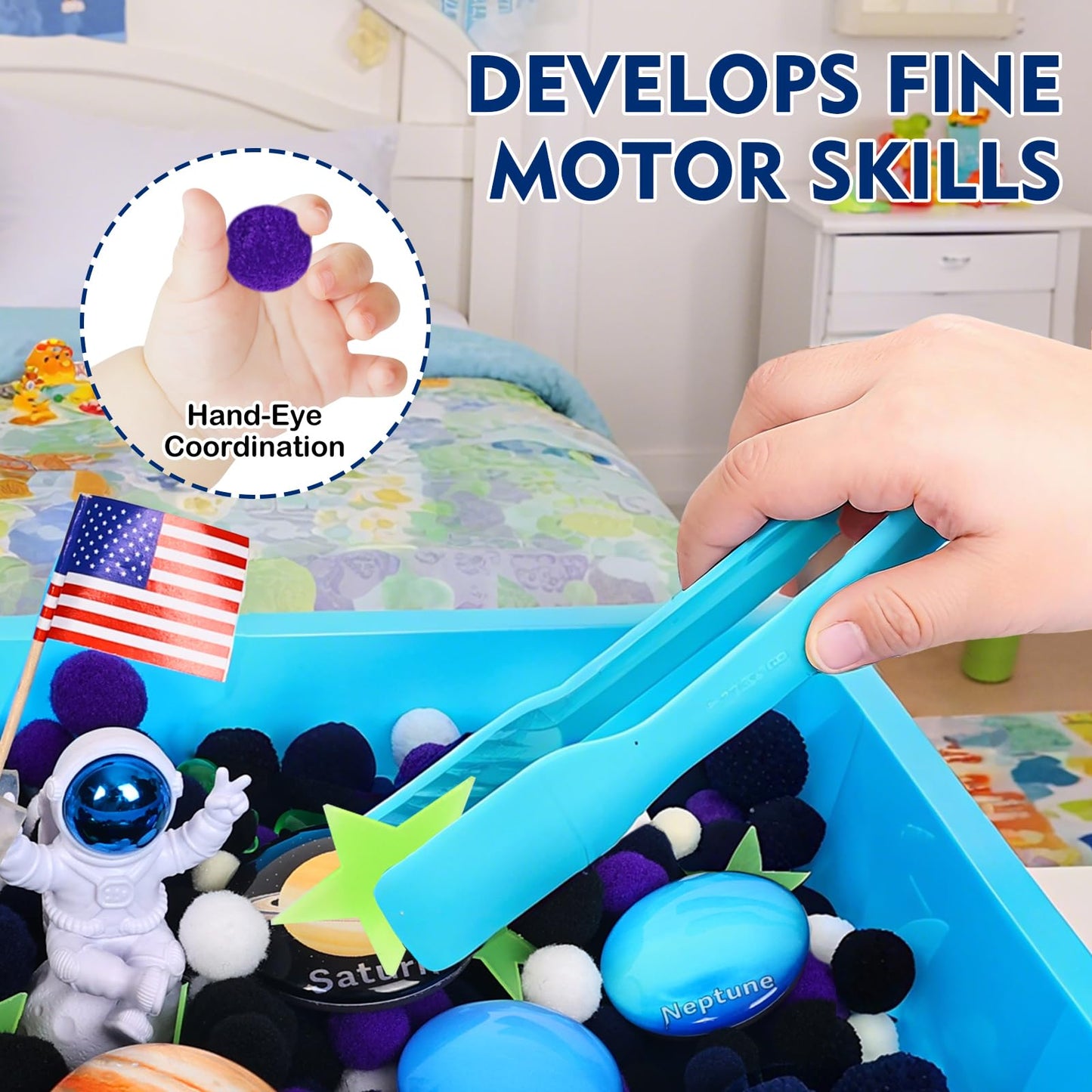 Losnakt Space Sensory Bin for Toddler, Science Themed with 8 Planets & Star Map, No-Mess Soft Pom Poms for Preschool Learning, Gifts for Boys Girls Age 3 4 5 6+