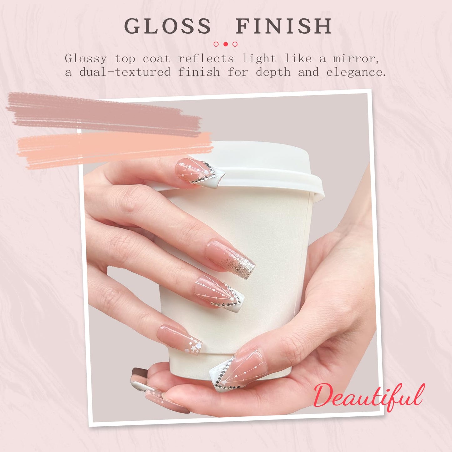 Luxury Handmade Press-on Nail Art – 3D Rhinestone Silver Glitter False Nails，Nude Gradient French Acrylic Nails， Reusable Self-Adhesive White Fake Nails.(M-10PCS)