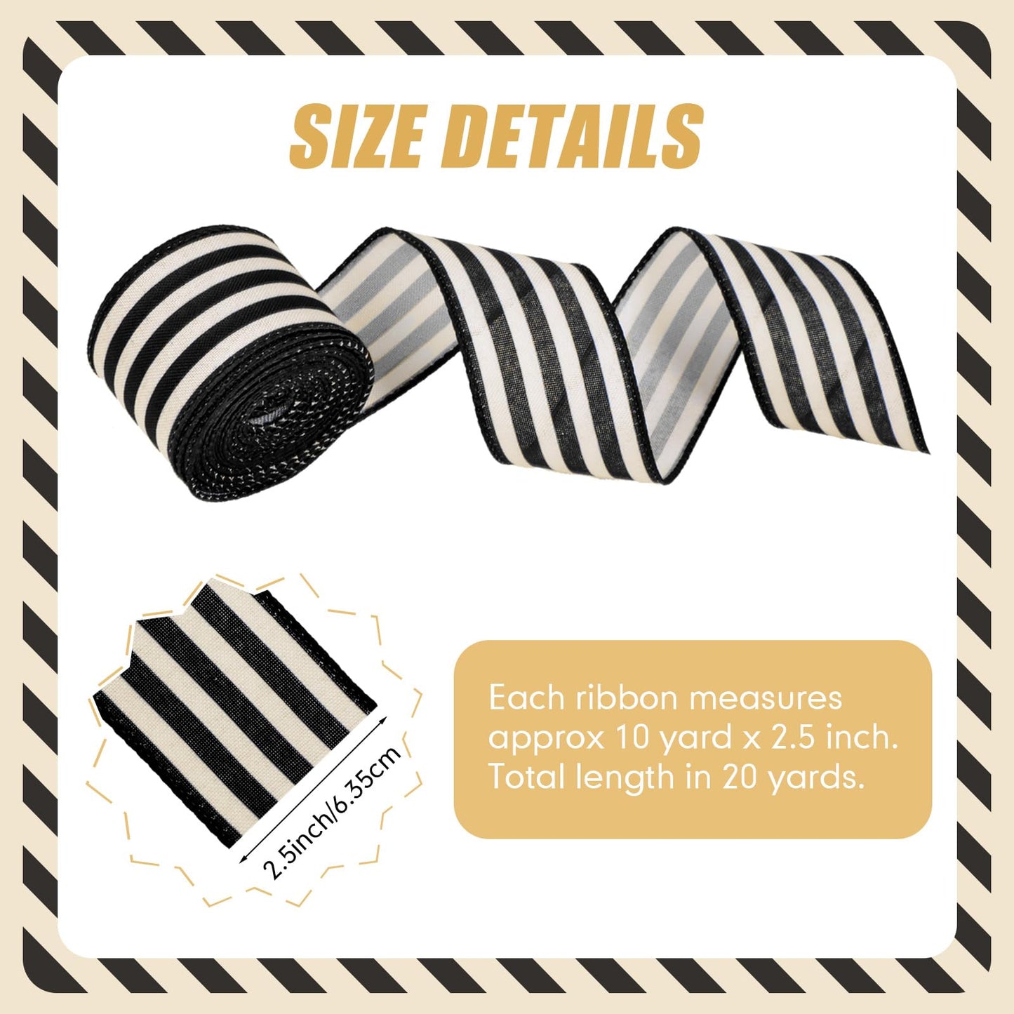 Moukeren 2 Rolls Black and Cream White Stripe Wired Edge Ribbon Halloween Rustic Ivory Boho Black and White Ribbon for Christmas Party Gift Wrapping Bow DIY Craft Home Decor(2.5 Inch, 20 Yard)