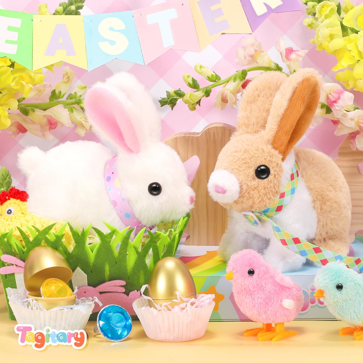 Tagitary Easter Plush Bunny Toys for Kids,Hopping Interactive Rabbit with Leash and Wind Up Toys,That Making Sounds,Wiggling Ears,Twitching Nose,Easter Basket Stuffers Gift for Toddlers