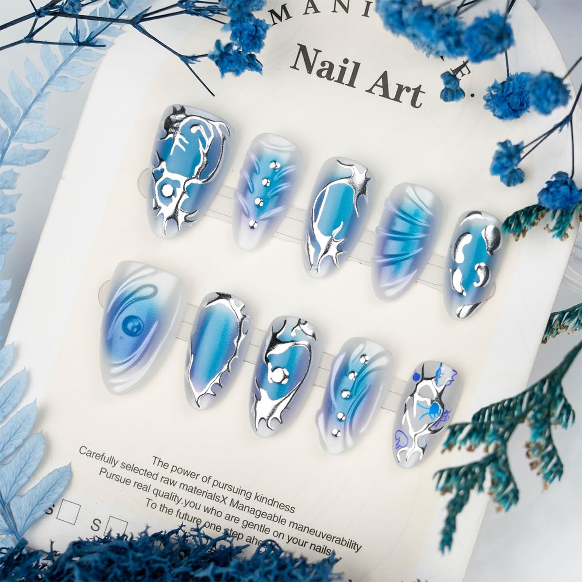 30Pcs Blue Almond Press on Nails Medium Fake Nails 3D Sliver Irregular Design Chrome False Nails Punk Sliver Acrylic Nails Full Cover Reusable Y2k Nails Glossy Blue Stick on Nails for Women