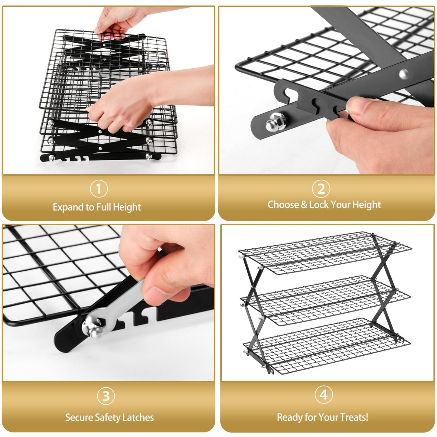 3-Tier Stackable Cooling Rack for Baking, Collapsible Wire Cookie Rack with Adjustable Heights, Non-Stick Roasting & Drying Rack for Cupcakes, Pies and Pastries, Space-Saving Kitchen Essential
