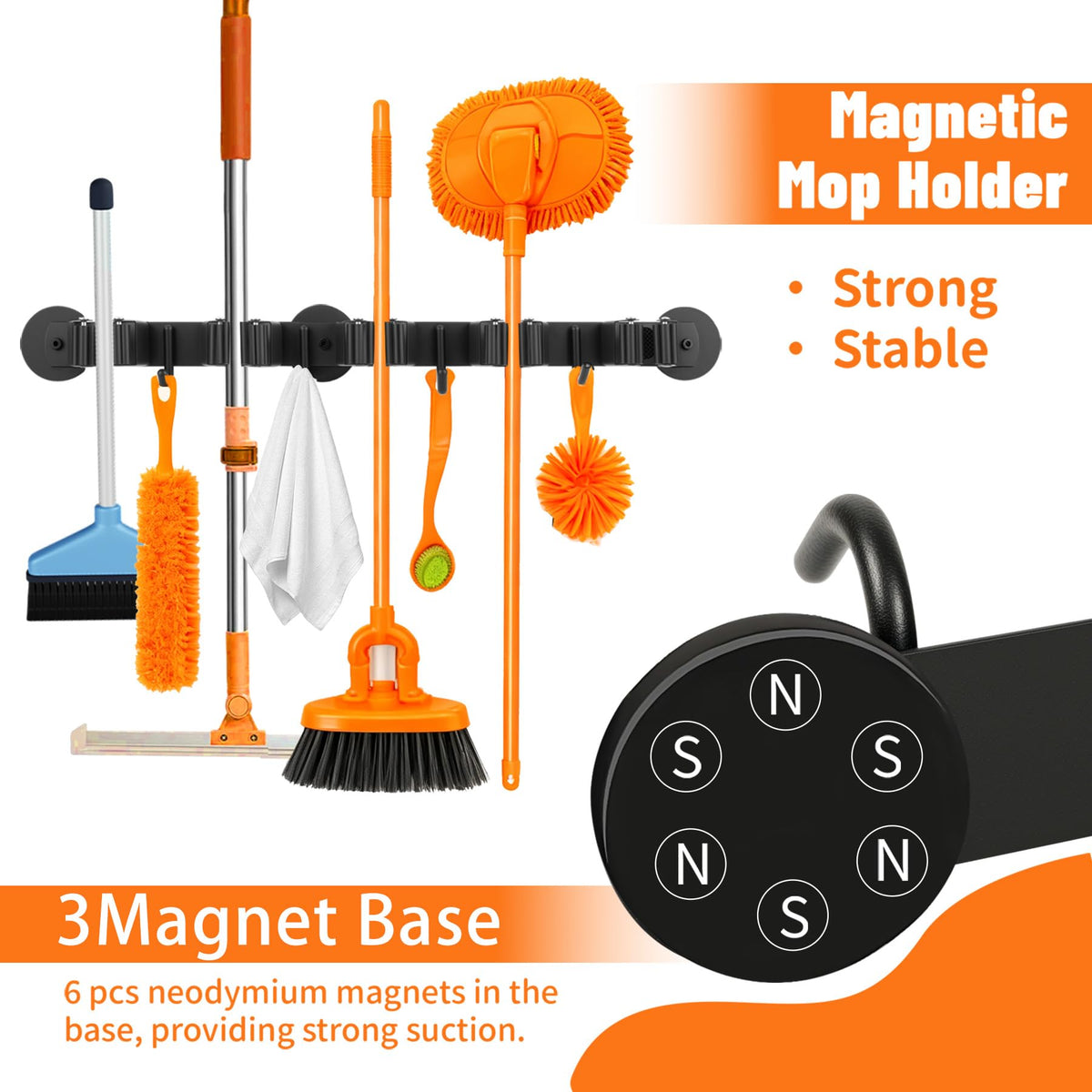 Magnetic Broom Holder Wall Mount with 4 Hooks and 5 Rack