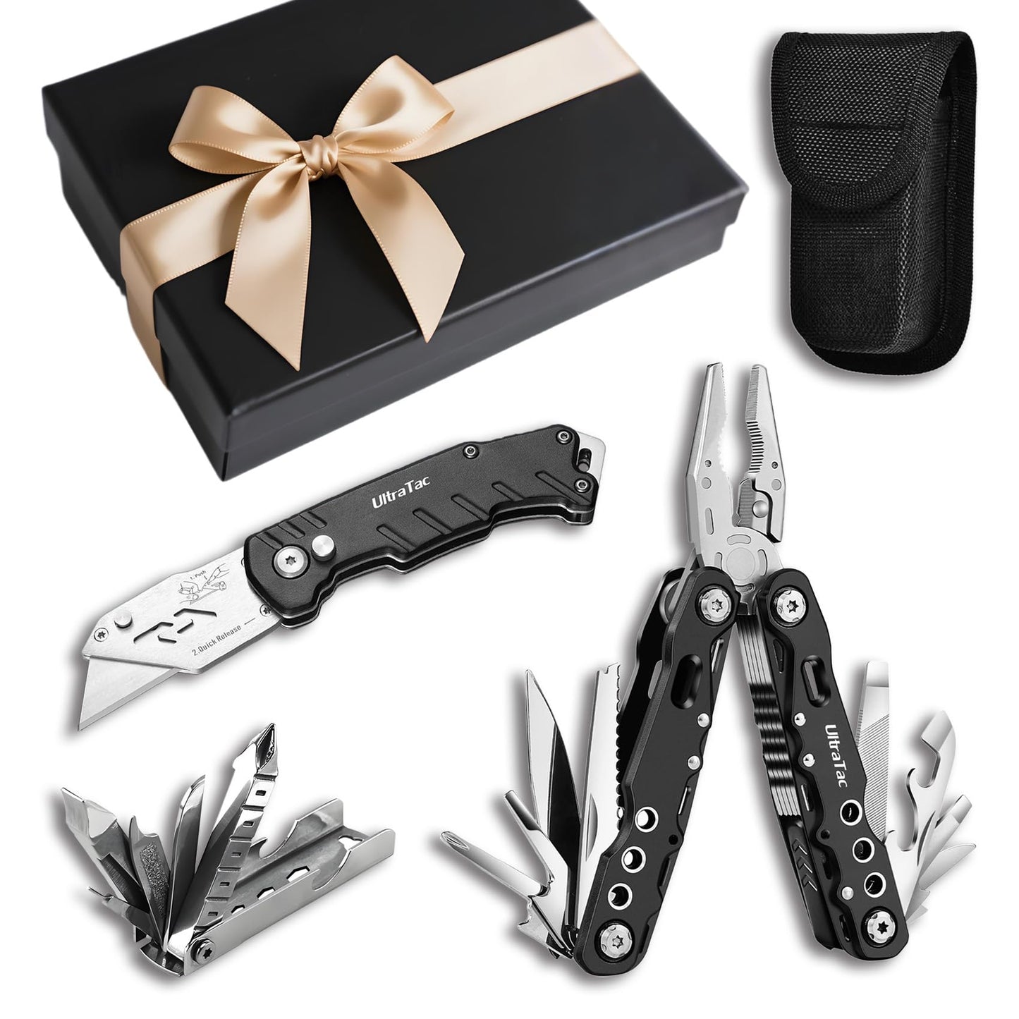 UltraTac Military Grade Multitool Gift Set for Men, Compact Survival Kit for Car Emergency, Birthday or Holiday Gift for Man, Pocket EDC Tools for Camping, Hiking & Quick Fixes - Stainless Steel