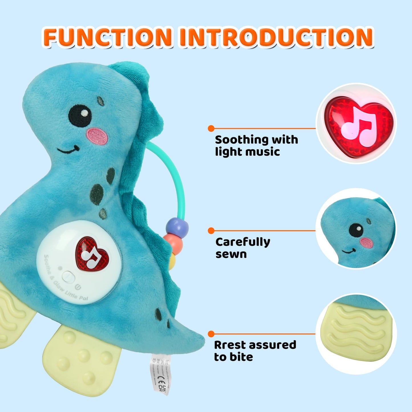 PLSFSS Baby Musical Activity Soft Toys with Sound & Light, Sensory Toys for Infant Developmental with Teether, Rattle and Textures, Soft Plush Toy for Newborn Gift 6 to 12 Months (Blue Dinosaur)