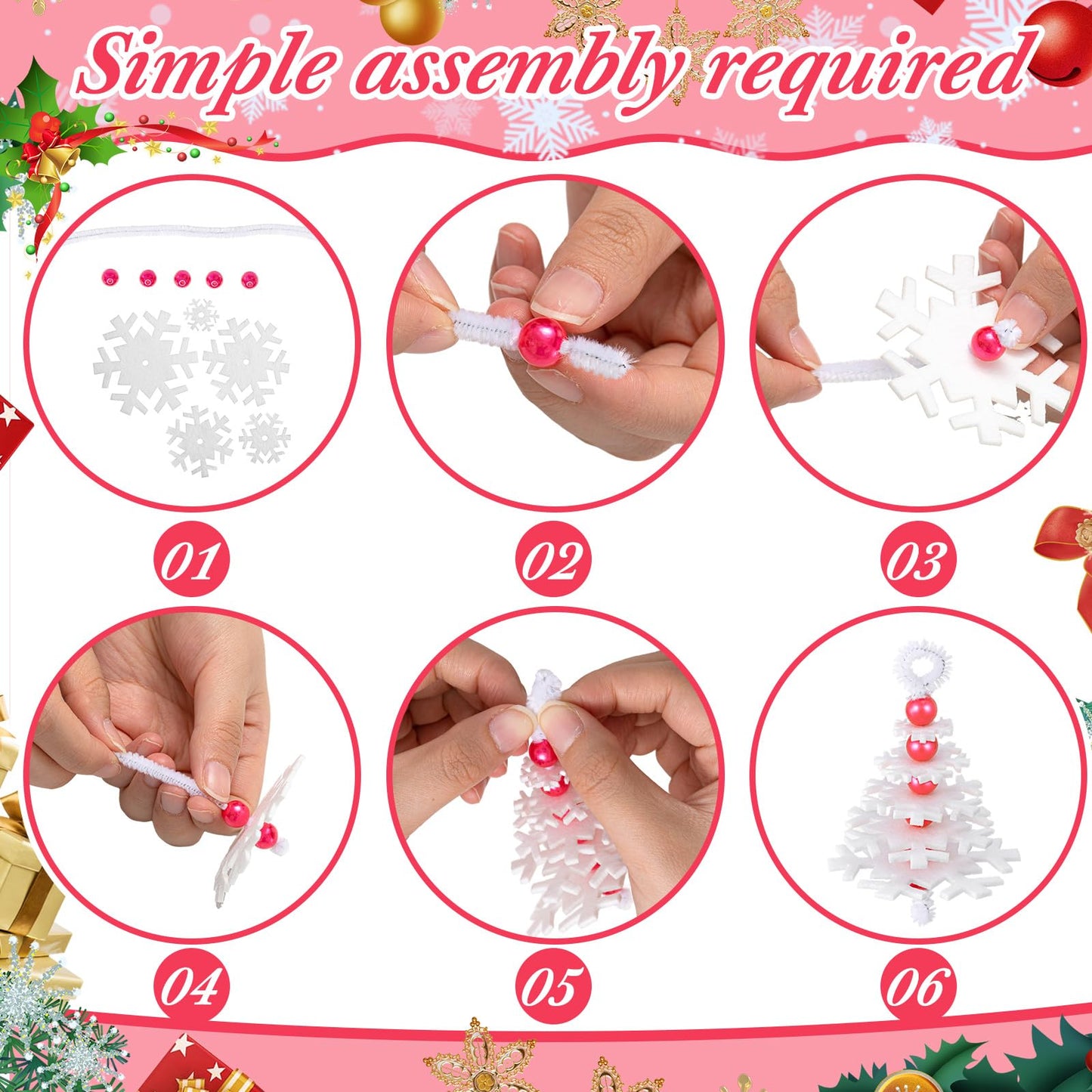Buryeah 50 Sets White Snowflake Layered Christmas Ornament Craft Kit Makes Small Felt Snowflakes Christmas Tree Felt Crafts for Xmas Decoration Stocking Stuffer Holiday Fun Home Activities