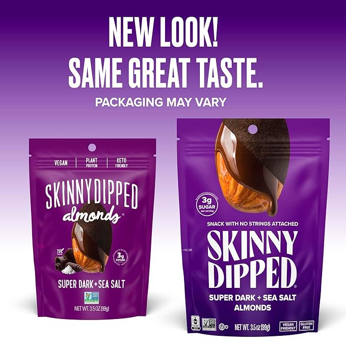 SkinnyDipped Super Dark Chocolate + Sea Salt Almonds, Vegan, Healthy Snack, Plant Protein, Gluten Free, 3.5 oz Resealable Bags, Pack of 1