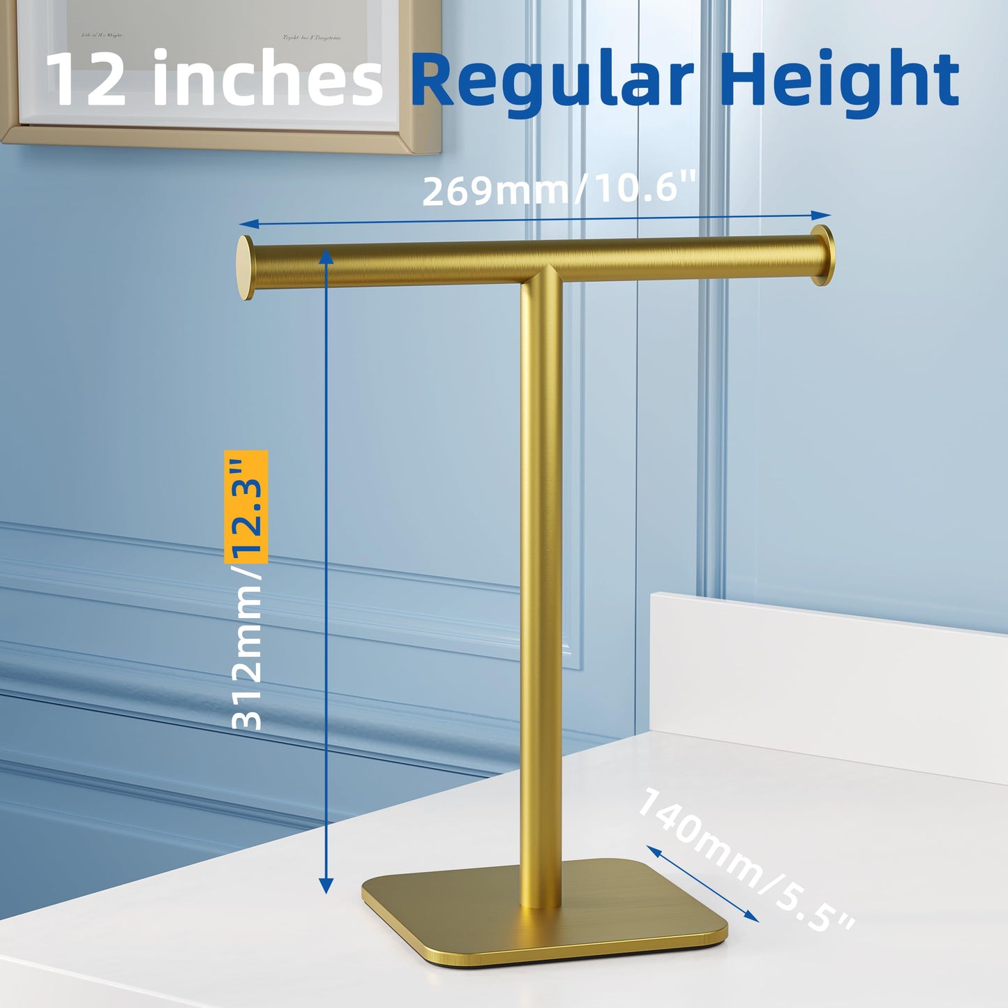 RUACQ Hand Towel Holder Stand, T-Shape Stainless Steel Free Standing Towel Rack, Vanity Countertop Towel Holder for Bathroom Kitchen Heavy Duty (Brushed Gold)