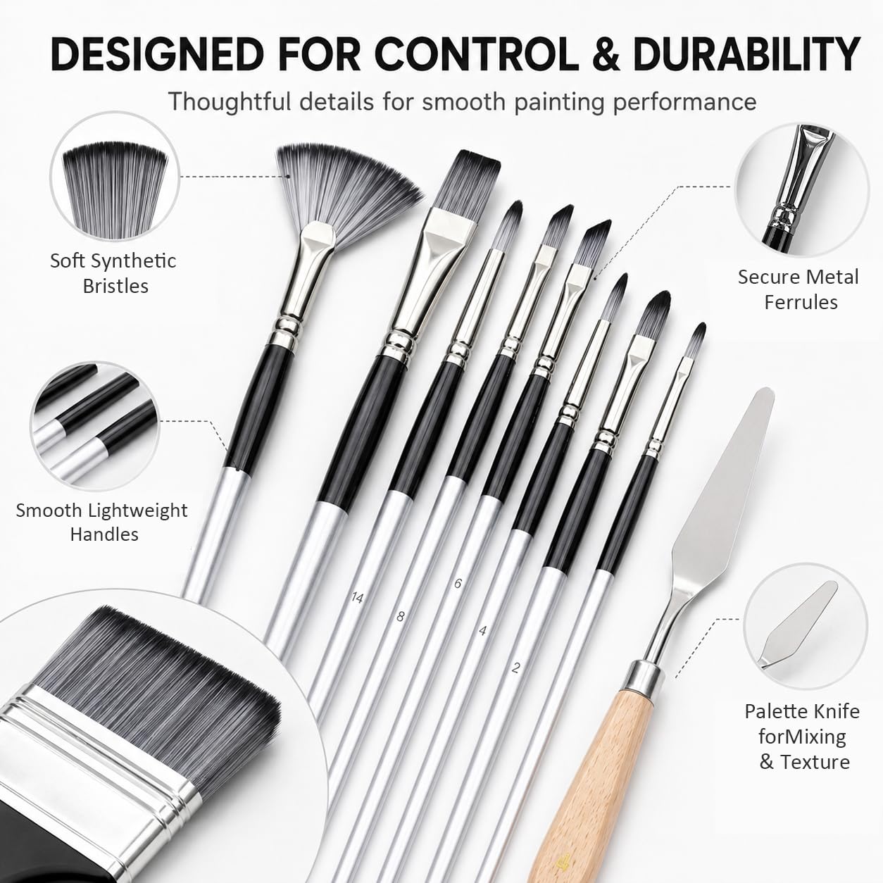 JYN-ANREN 24Pcs Multi-Shape Paint Brushes Set for Acrylic, Oil, Watercolor & Gouache with Palette Knife and Waterproof Canvas Roll, Synthetic Bristles Art Supplies for Artists & Beginners
