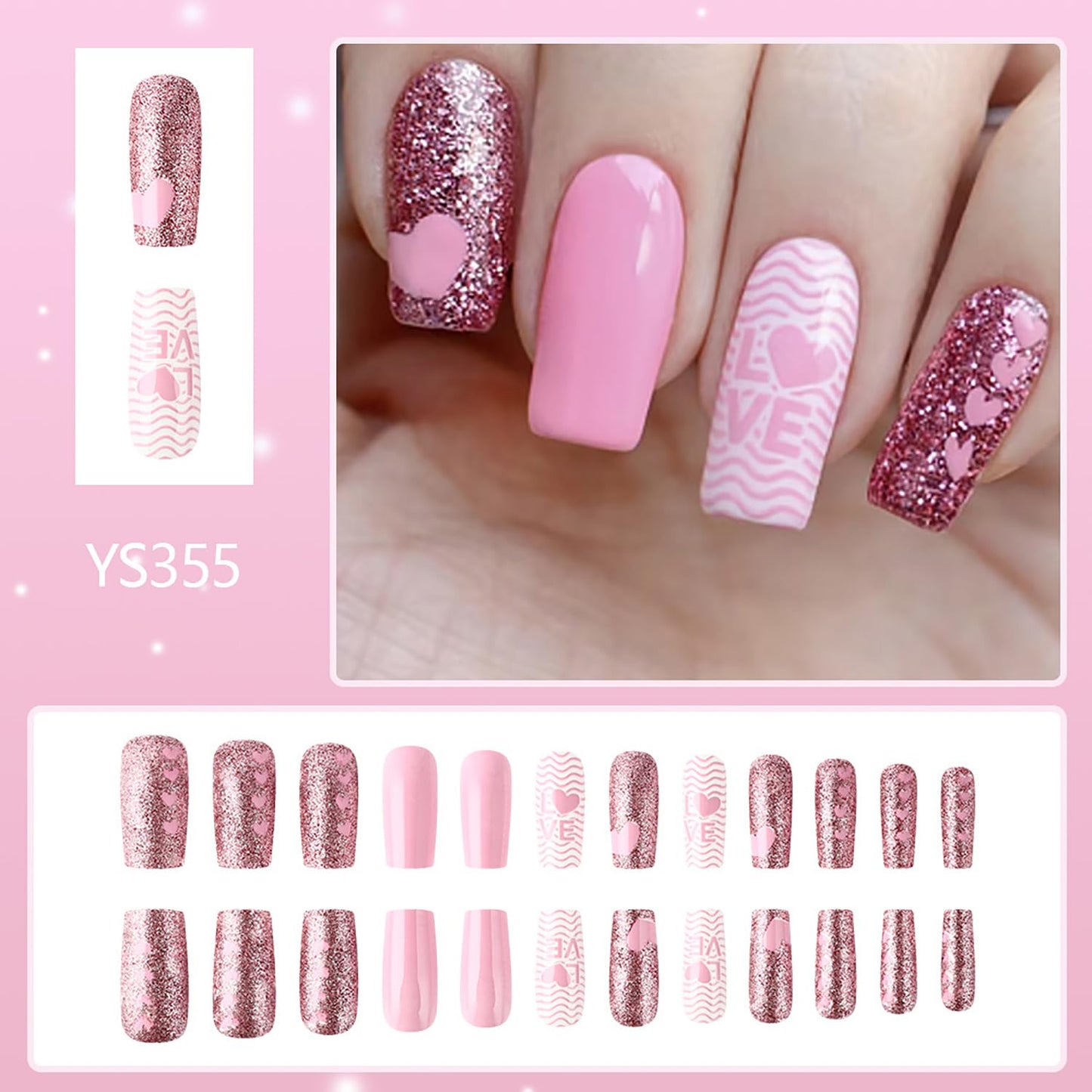 Valentine's Pink Love Heart Fake Nails Press on Nails Medium Square Glitter Powder Design Full Cover Acrylic Nails Set Artificial Coffin Nails Glossy Valentine's Glue on Nails for Women 24Pcs