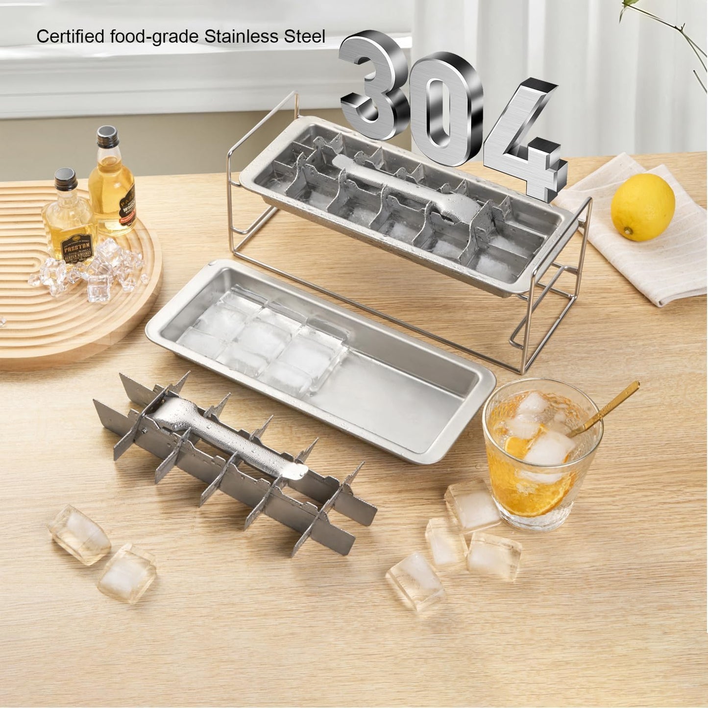 Metal Ice Cube Trays, Stainless Steel Ice Cube Trays, 18-Slot Ice Cube Tray with Easy Release Handle, Detachable Ice Trays for Bars Kitchens Dishwasher, Stainless Steel Ice Cube (2)
