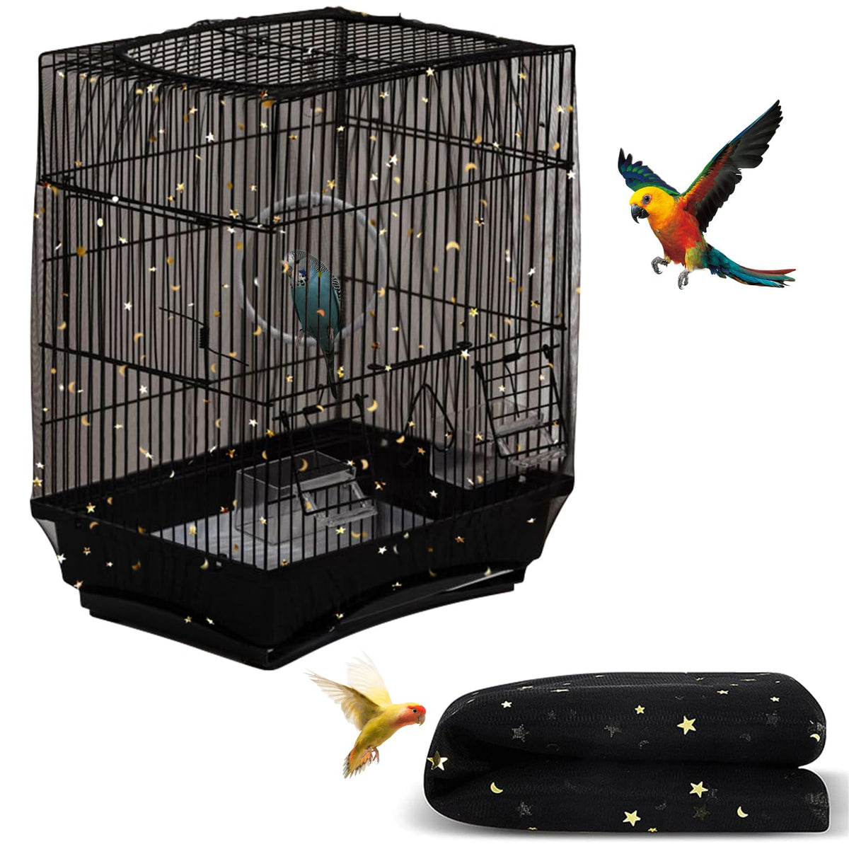 DECKALY Bird Cage Seed Catcher, Seed Catcher Guard Net Cover, Parrot Nylon Mesh Net Cover, Universal Soft Airy Cage Net Stretchy Skirt for Round Square Cages (Daisy-White, 15.7" x87")