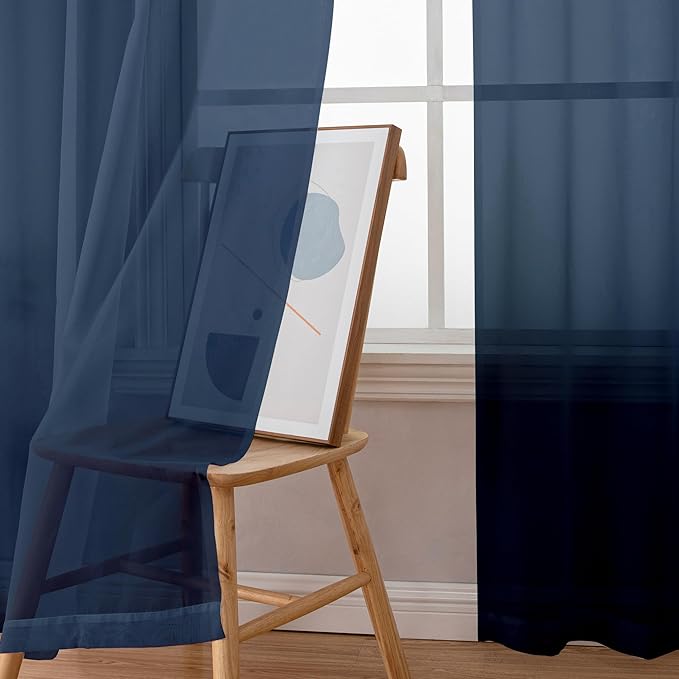 Simplebrand Navy Blue Sheer Curtains 90 Inches Long 2 Panels, Light Filtering Rod Pocket Solid Color Window Sheer Curtain Panels, Elegant Curtains & Drapes for Living Room, Bedroom, 42" W x 90" L