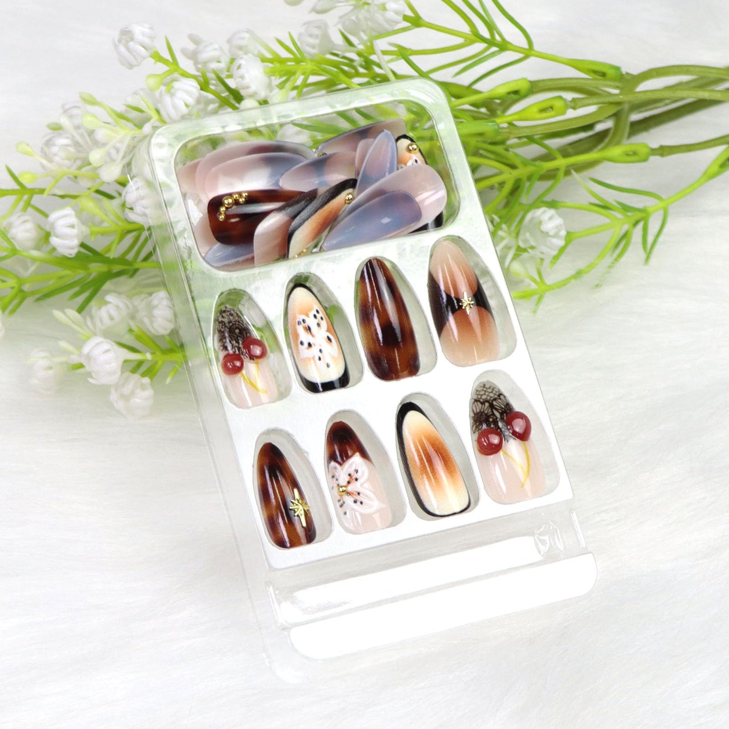 Almond Press on Nails Medium Fake Nails with Flowers Cherry Pearl Irregular Pattern Designs Brown Gradient Nails Press ons Glossy Full Cover Reusable Stick on Nails for Women 24Pcs