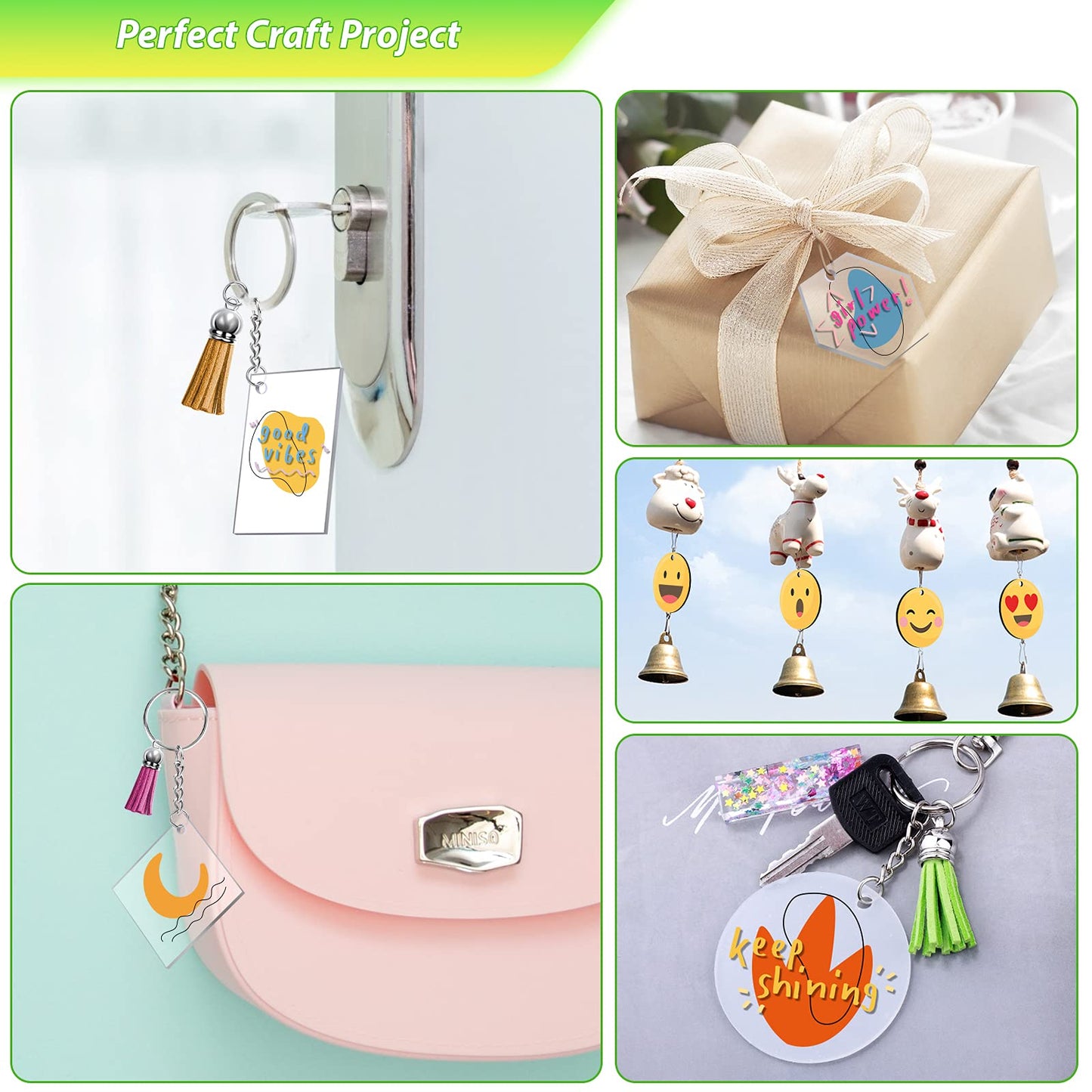 Cruzix 200Pcs Blank Keychains for Vinyl, Acrylic Keychain Blanks Bulk with 5 Shapes Clear Acrylic Disc Leather Tassel Charms Key Chains Jump Ring for DIY Craft Ornament Engrave Painting
