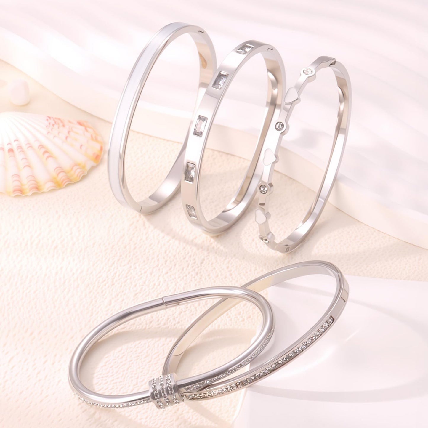 Camhanno 5-Piece Stackable Silver Bangle Bracelet Set for Women - Stainless Steel with Pink Crystal Friendship & Love Heart Bracelet Jewelry Gift for Her (Silver+White)