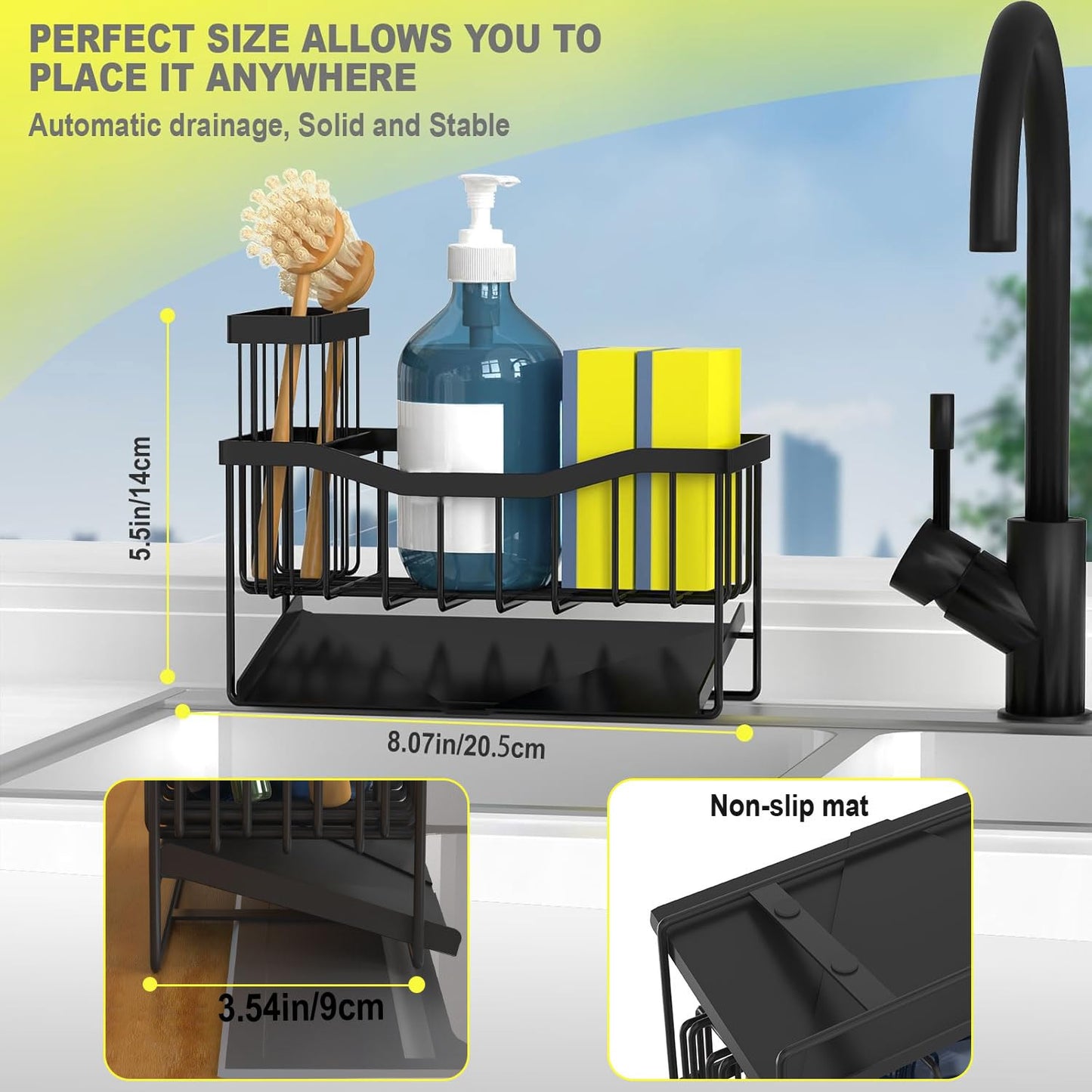 Fssvcd Maifan Sink Caddy Sponge Holder for Kitchen with Brush Holder and Stainless Steel Self Drain Tray, Rustproof Kitchen Sink Organizer for Sponge, Soap Dispenser Storage Accessories