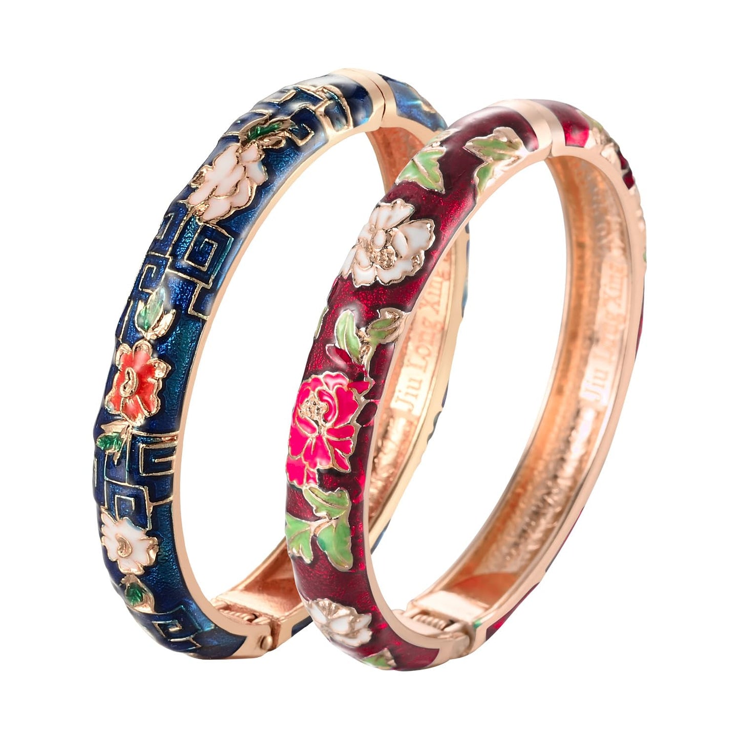 UJOY Vintage Cloisonne Bracelets Flower Enameled Jewelry Plated Cuff Bangle for Women Gift Box 55A113-55A114 WineRed Blue