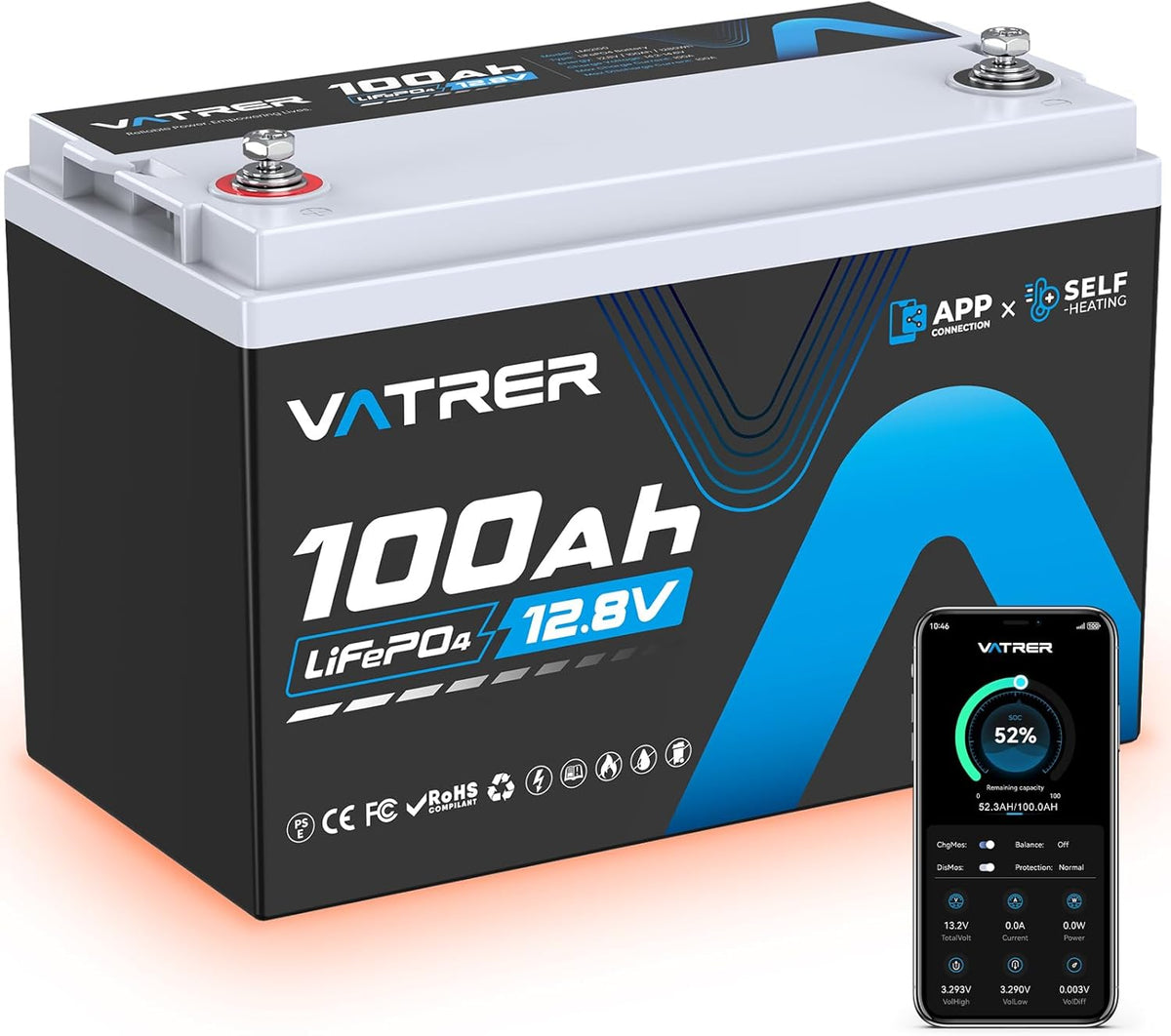 12V 100AH Bluetooth LiFePO4 Lithium Battery with Self-Heating, Built-in 100A BMS, Supports Low Temp Charging(-4°F), 5000+ Cycles, Perfect for RV/Camper, Solar, and Off-Grid Applications, etc.