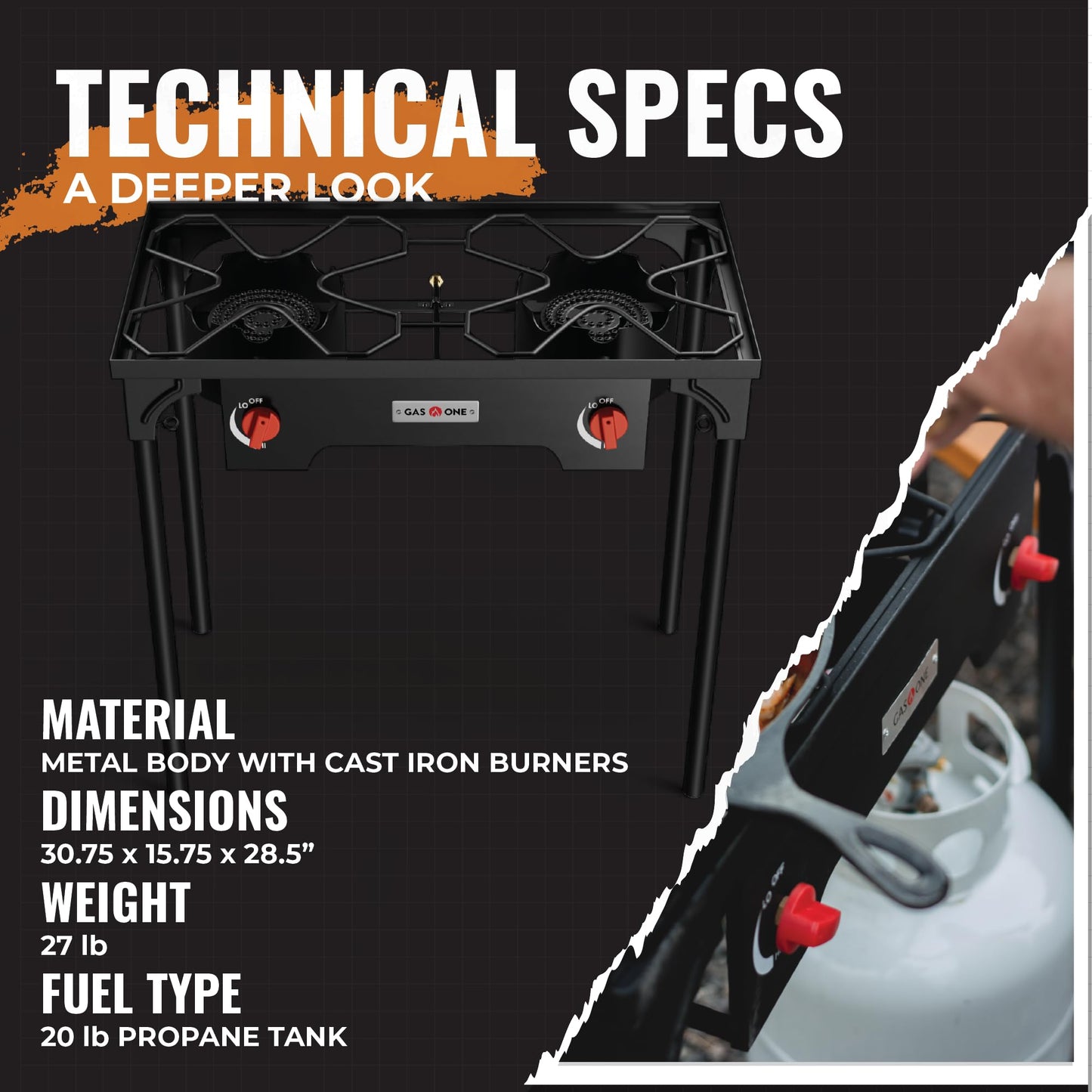 Gas One Propane Double Burner Two Burner Camp Stove Outdoor High Pressure Propane 2 Burner Adjustable PSI Regulator and 4ft Hose With Removable Legs