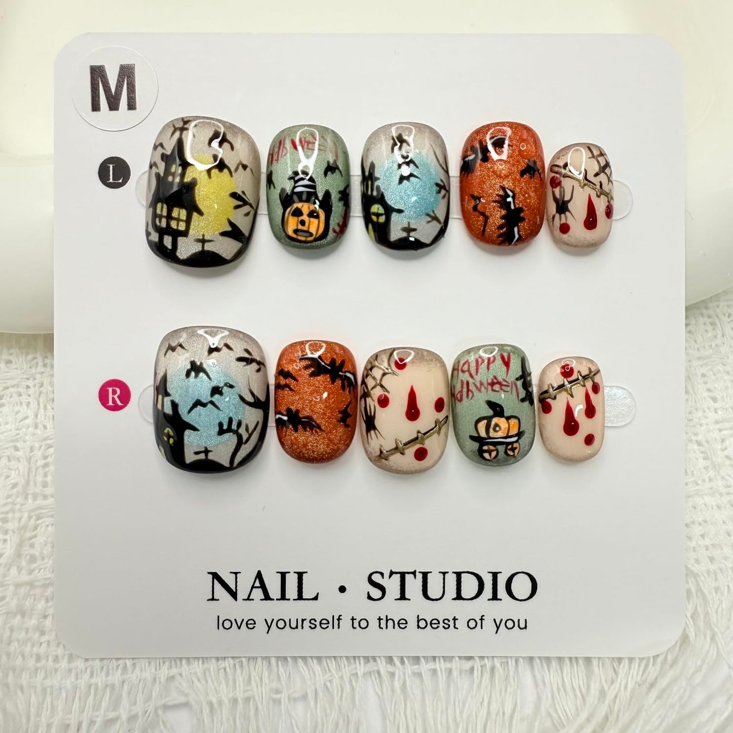 Halloween Press on Nails Short Square Handmade Press on Nails Bat Pumpkin Spider Web Designs Glitter False Nails Full Cover Artificial Cute Acrylic Nail for Women (Size M)