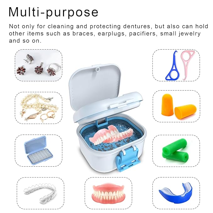 BVN Leakproof Denture Cup, Upgraded Carrying Storage, Denture Bath Box with Filter, Denture Cup for Soaking Dentures, Travel Retainer Cleaning Case (White+Blue).