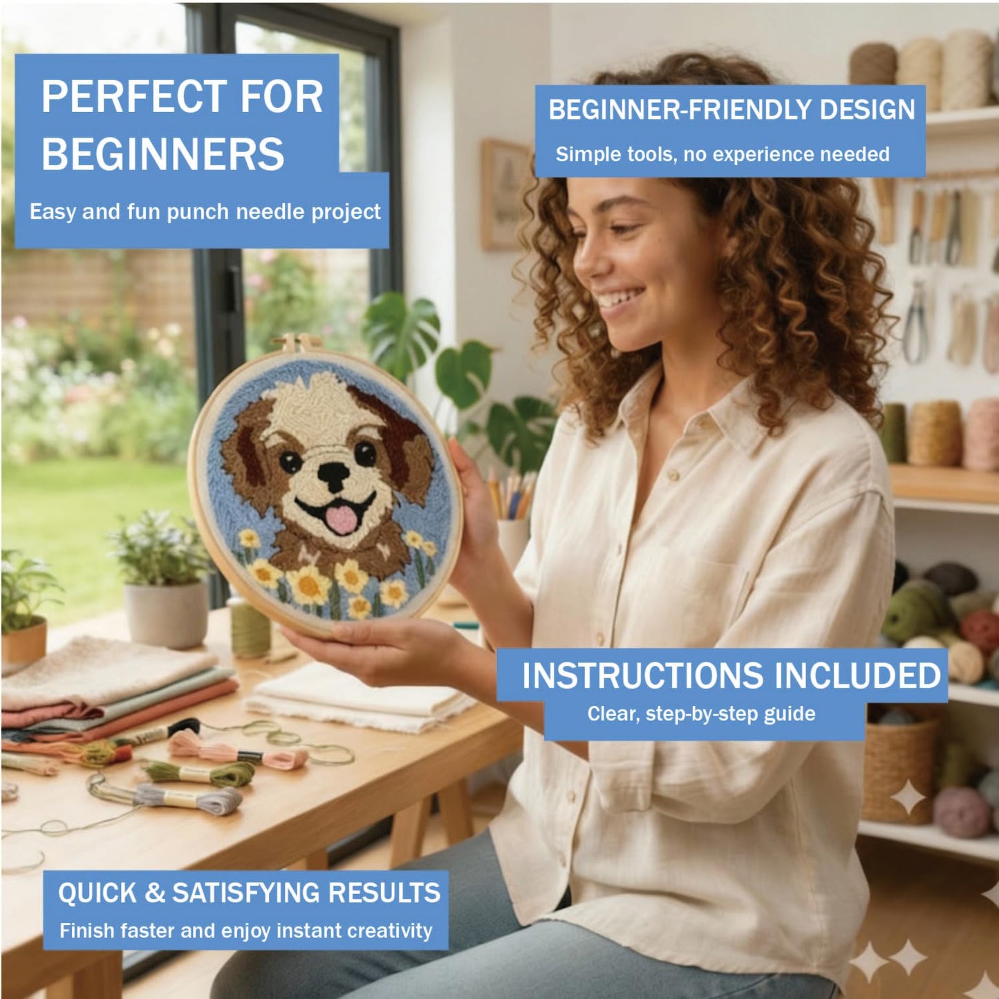 TINKAZ Smiling Dog Punch Needle Kit for Beginners, DIY Embroidery Starter Set with Yarn, Fabric & Hoop, Cute Handmade Needlepoint Craft Kit for Home Décor & Gift