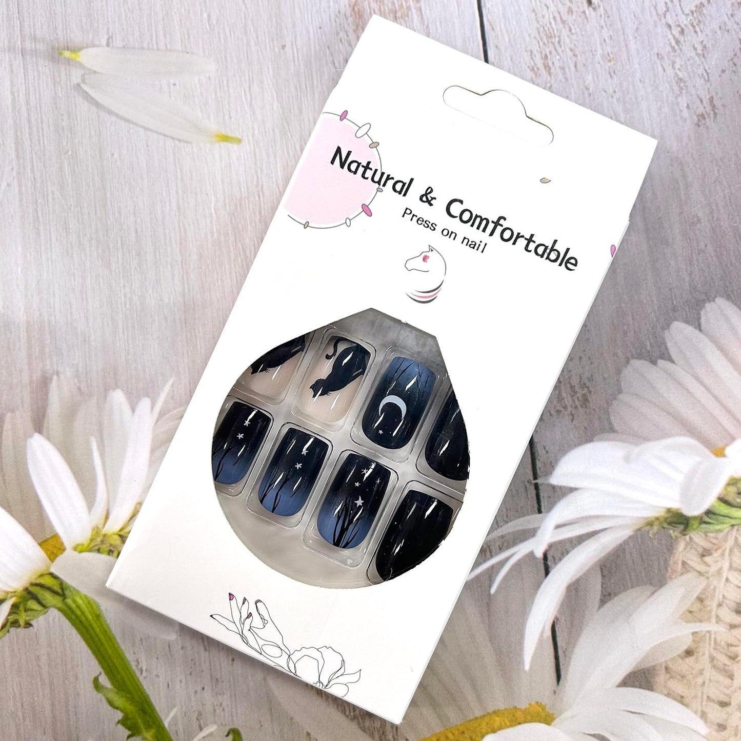 Press On Nails Medium Square Cute Cartoon Cat Stick On Black Sky Gradient Coffin Acrylic Full Cover Artificial Reusable Glue On for Women 24Pcs
