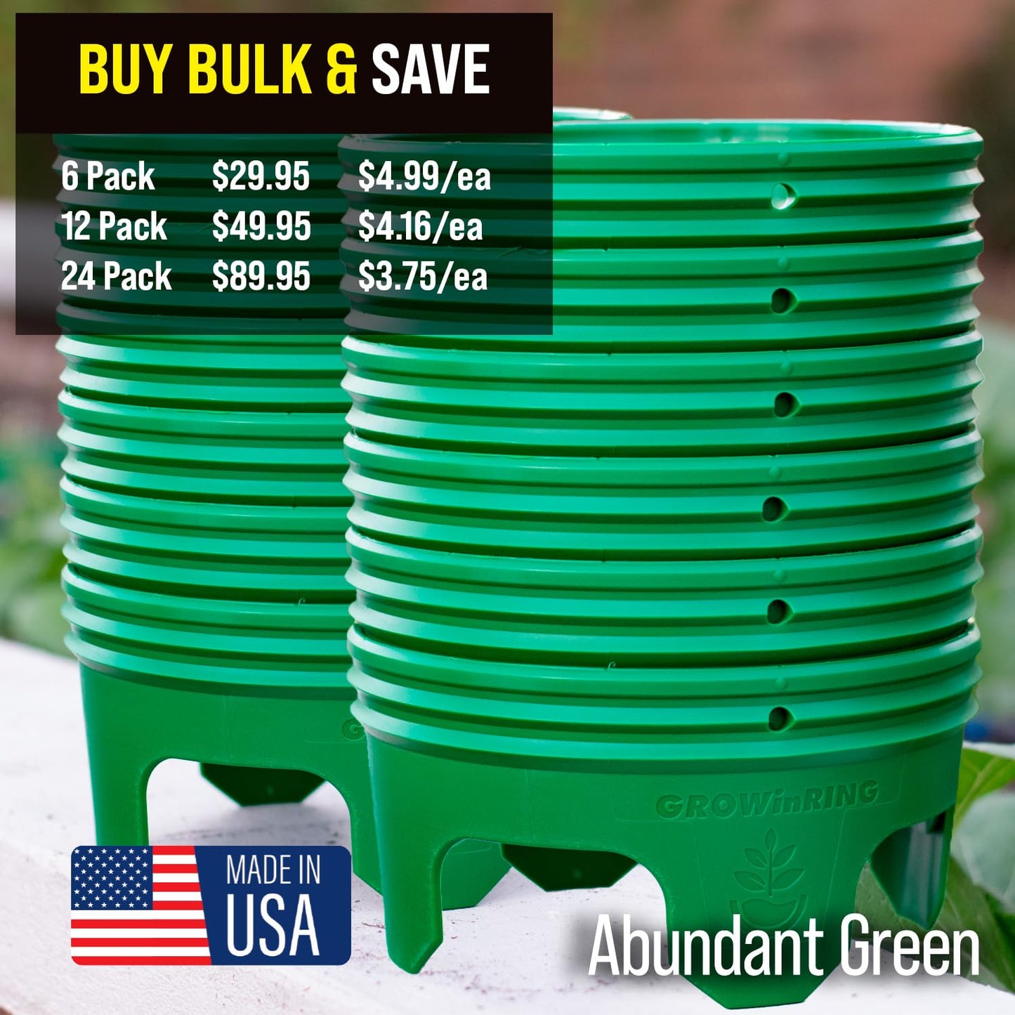 7 inch Solid Planting Grow Rings | 6 Pack Green | One-Piece Design for Deep Root Watering Veggies, Herbs & Flowers | Mulch & Soil Barrier | Deter Slugs and Cutworms | Heavy Duty | Made in USA