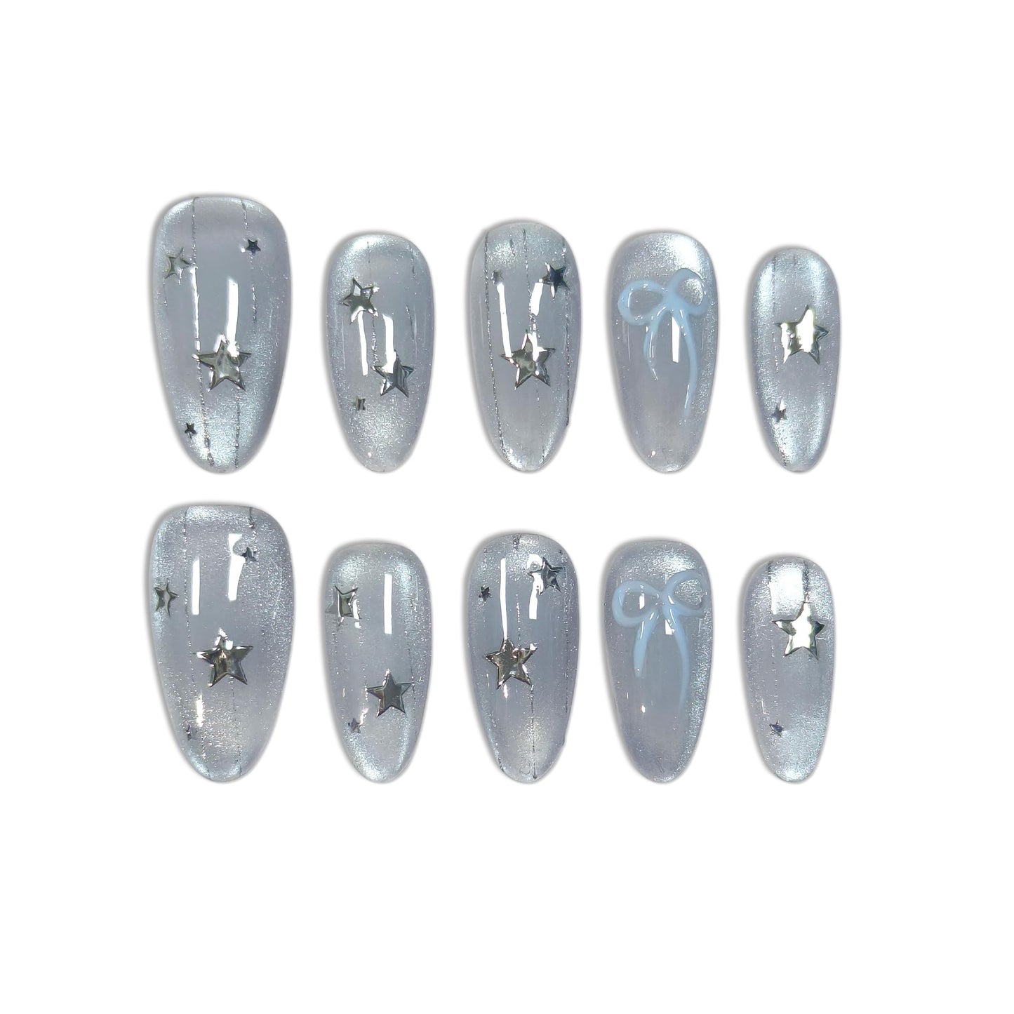 TENPAL Icy Blue Glass Bead Cat Eye Press on Nails Medium Oval with Starlight Bow, Blushing Ombre & Handmade, Reusable Sheer Celestial False Nails for Daily Aura(XS)