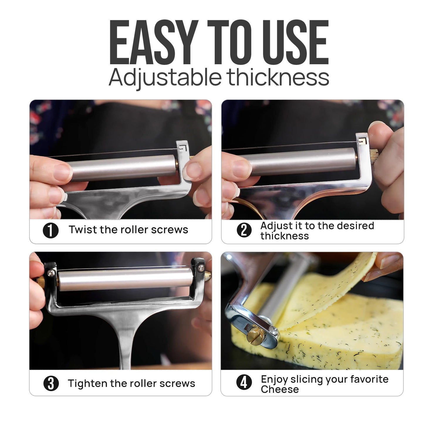 Zulay Kitchen Stainless Steel Wire Cheese Slicer - Adjustable Hand Held Cheese Cutter with 2 Extra Wires - Premium Cheese Shaver for Mozzarella, Cheddar, Gruyere - Cheese Cutter with Wire (Silver)