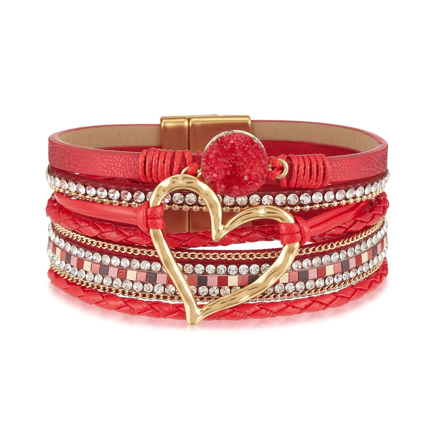 QIUTIMIY Leather Bracelets for Women Trendy Boho Cuff Bracelet Layered Bangle with Clasp Hand Wrist Jewelry Western(Style 6-Red)