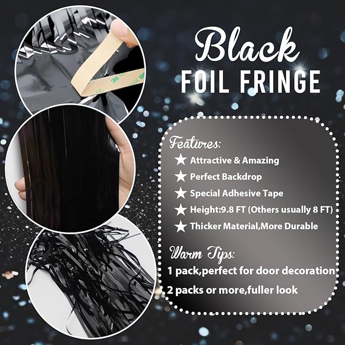 GOER 3.2 ft x 9.8 ft Metallic Tinsel Foil Fringe Curtains Party Photo Backdrop Party Streamers for Halloween,Birthday,Graduation,New Year Eve Decorations Wedding Decor (4 Packs,Black)