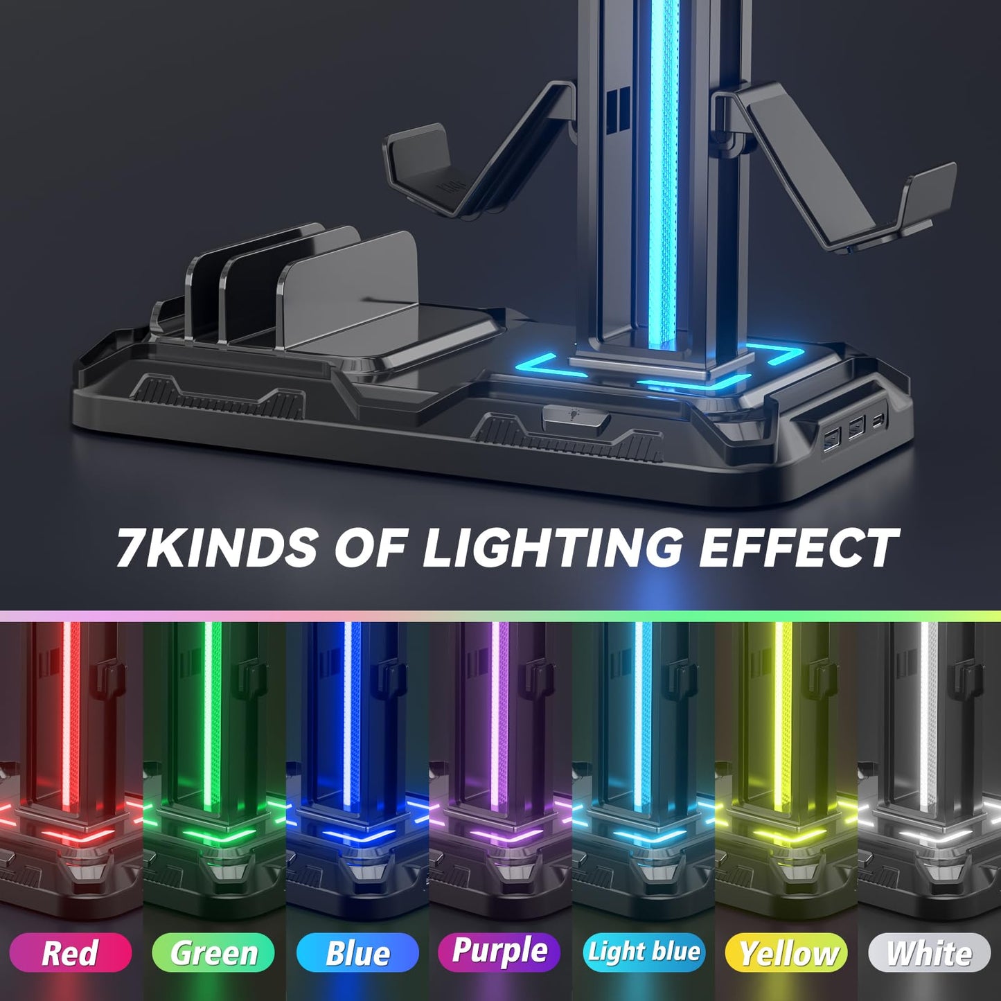 KDD Headset Stand with Charging Station - Detachable Controller Holder with 9 Light Modes - Rotatable Headphone Hanger with USB A&C Charger Ports - Earphone Hook for PC Gaming Accessories Storage