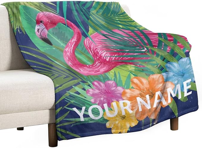 Custom Flamingo Blanket Gifts with Name - 40 x 50 Inches Funny Flamingo Throw for Kids - Green Warm Furry Plush Blankets for Couch