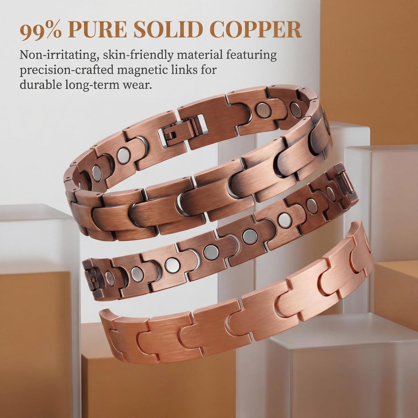 Picalela 99% High-Purity Solid Copper Bracelets for Women with Magnets, Adjustable Clasp + Double-Layer Textured Design, Ideal for Daily Styling & Wellness Gifting